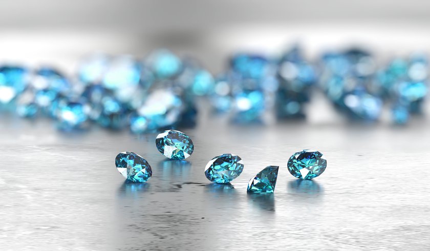 Group of Blue diamond sapphire placed on glossy background main object focus 3d rendering