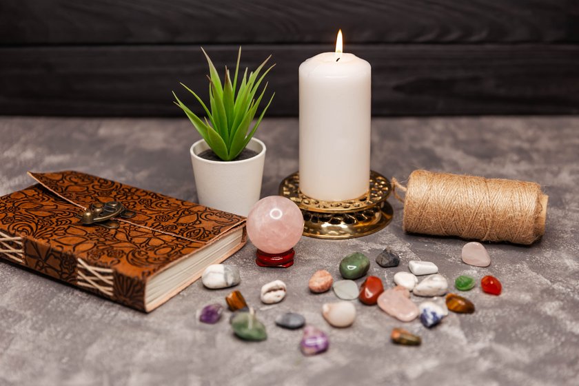 Minerals crystals and semi precious stones. Crystal ball surrounded by healing crystals. Cosmic healing crystals. Row of chakra crystals. Sacred healing crystal stone ceremony. Meditation mandala.