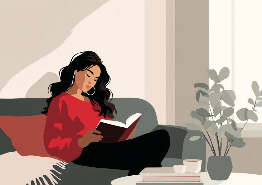 Junge Frau liest ein Buch auf der Couch