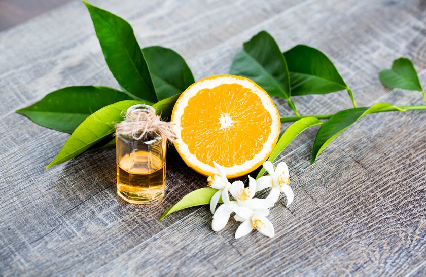 Juicy Orange cut in two parts and neroli, flowers of orange tree, on rustic wood background. The Orange blossom is the fragrant flower of the Citrus is used in perfume and tea, aphrodisiac. Juicy Orange cut in two parts and neroli, flowers of orange tree, on rustic wood background. The Orange blossom is the fragrant flower of the Citrus is used in perfume and tea, aphrodisiac.